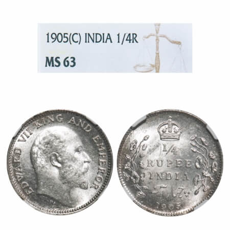 Edward VII, Silver, 1/4 Rupee, 1905, Calcutta Mint, No mint mark. F. Prid 434. GK 974. NGC