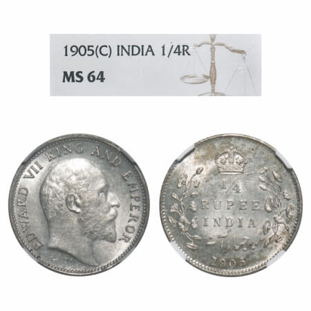 Edward VII, Silver, 1/4 Rupee, 1905, Calcutta Mint, No mint mark. F. Prid 434. GK 974. NGC
