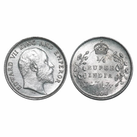 Edward VII, Silver, 1/4 Rupee, 1906, Calcutta Mint, No mint mark, Ghost on Rev. F. Prid 43