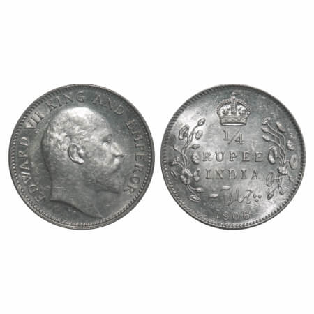 Edward VII, Silver, 1/4 Rupee, 1906, Calcutta Mint, No mint mark. F. Prid 435. GK 975. Bri