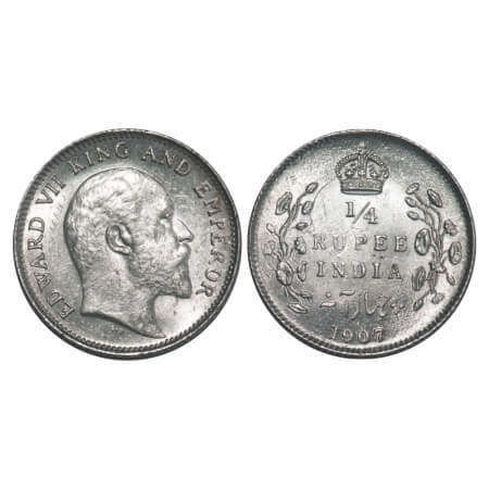 Edward VII, Silver, 1/4 Rupee, 1907, Calcutta Mint, No mint mark, Ghost on Rev. F. Prid 43