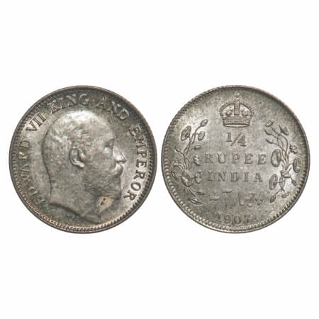 Edward VII, Silver, 1/4 Rupee, 1907, Calcutta Mint, No mint mark. F. Prid 436. GK 976. Min