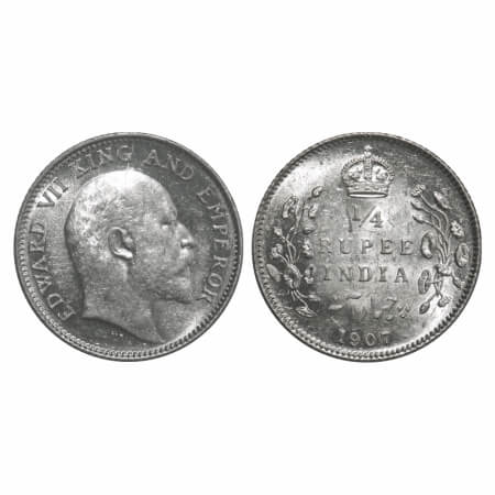 Edward VII, Silver, 1/4 Rupee, 1907, Calcutta Mint, No mint mark, Di crack on Obv. F. Prid