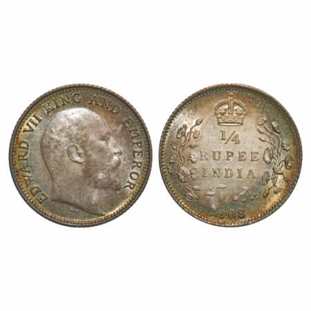 Edward VII, Silver, 1/4 Rupee, 1908, Calcutta Mint, No mint mark, Ghost on Obv and Rev. F.