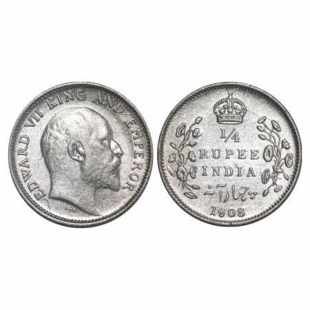 Edward VII, Silver, 1/4 Rupee, 1908, Calcutta Mint, No mint mark. F. Prid 437. GK 977. Abo