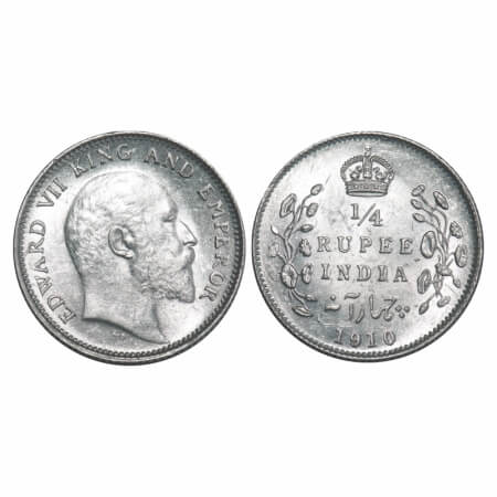 Edward VII, Silver, 1/4 Rupee, 1910, Calcutta Mint, No mint mark. F. Prid 439. GK 978. Unc