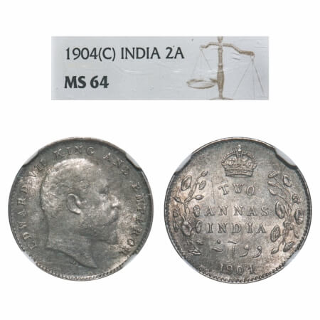 Edward VII, Silver, 2 Annas, 1904, Calcutta Mint, No mint mark. F. Prid 557. GK 981. NGC S