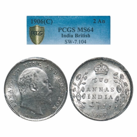 Edward VII, Silver, 2 Annas, 1906, Calcutta Mint, No mint mark. F. Prid 559. GK 983. PCGS 