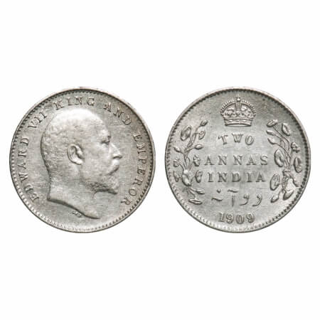 Edward VII, Silver, 2 Annas, 1909, Calcutta Mint, No mint mark. F. Prid 562. GK 986. Extre
