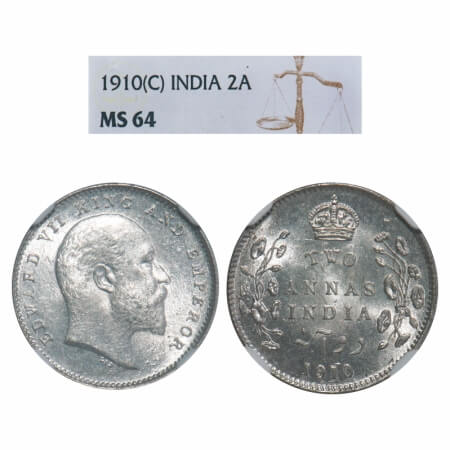 Edward VII, Silver, 2 Annas, 1910, Calcutta Mint, No mint mark. F. Prid 563. GK 987. NGC S