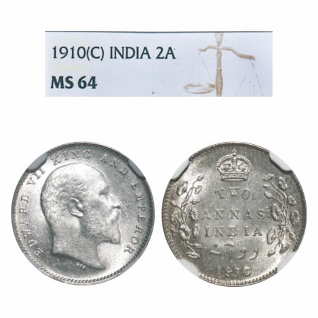 Edward VII, Silver, 2 Annas, 1910, Calcutta Mint, No mint mark. F. Prid 563. GK 987. NGC S