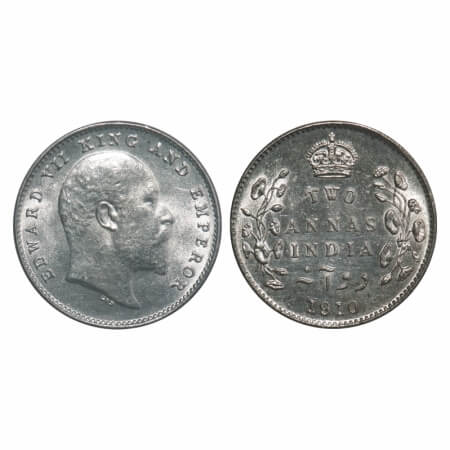 Edward VII, Silver, 2 Annas, 1910, Bombay Mint, Dot. F. Prid Unlisted. GK 988. Brilliant U