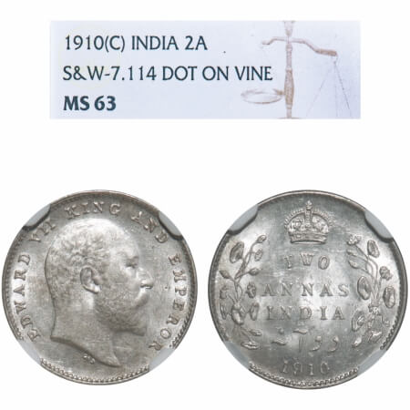 Edward VII, Silver, 2 Annas, 1910, Bombay Mint, Dot. F. Prid Unlisted. GK 988. NGC Slabbed