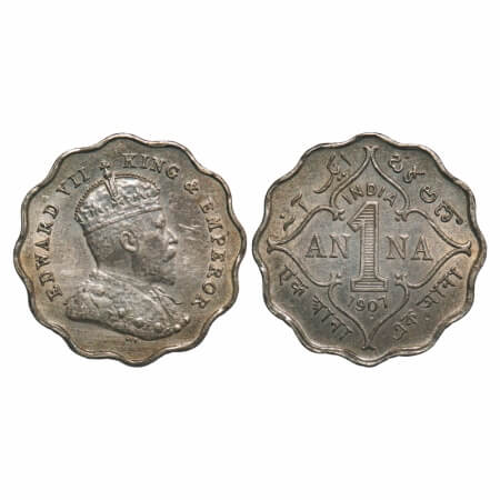 Edward VII, Copper-Nickel, 1 Anna, 1907, Bombay Mint, 'B' incused. F. Prid 926. GK 990. Al