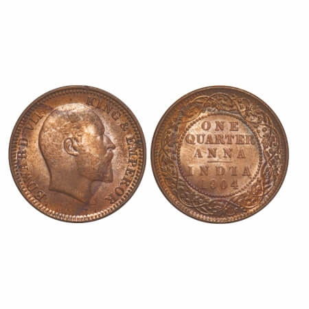 Edward VII, Copper, Quarter Anna, 1904, Calcutta Mint, No mint mark, Die crack on Rev. F. 