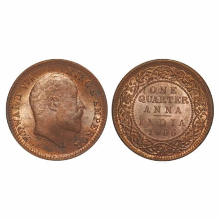 Edward VII, Copper, 6.40gm, Quarter Anna, 1906, Calcutta Mint, No mint mark. F. Prid 650. 