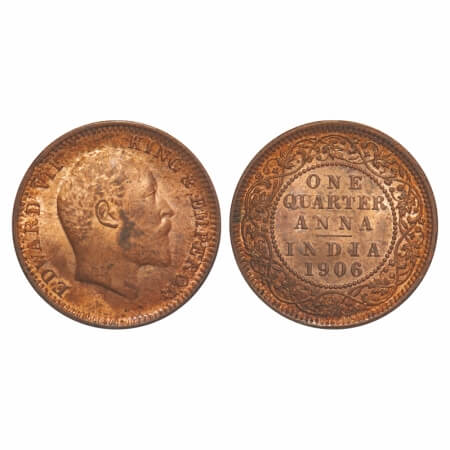 Edward VII, Copper, 6.71 gm, Quarter Anna, 1906, Calcutta Mint, No mint mark. F. Prid 650.