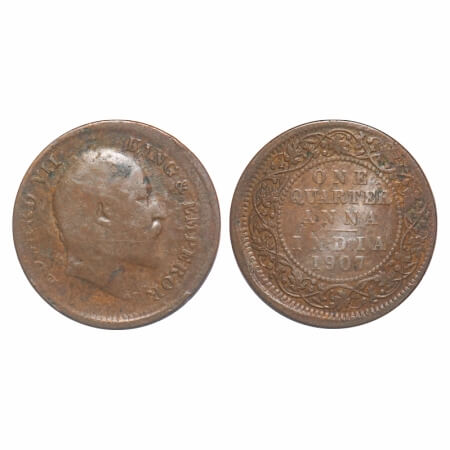 Edward VII, Bronze, Quarter Anna, 1907, Calcutta Mint, No mint mark, Error Misaligned die.