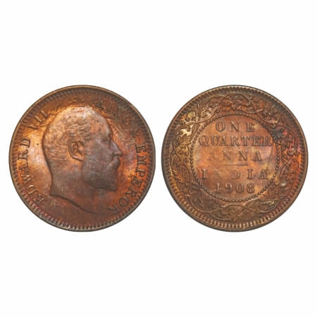 Edward VII, Bronze, Quarter Anna, 1908, Calcutta Mint, No mint mark, Complete skull ghost 