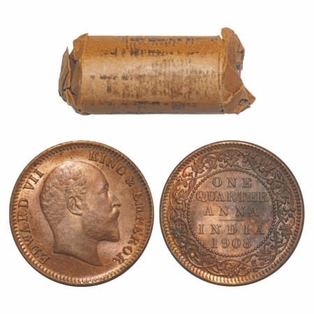 Edward VII, Bronze, Quarter Anna, 1908, (Roll of 32 coins), Calcutta Mint, No mint mark, 3