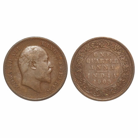 Edward VII, Bronze, Quarter Anna, 1909, Calcutta Mint, No mint mark. F. Prid 654. GK 1001.