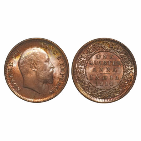 Edward VII, Bronze, Quarter Anna, 1910, Calcutta Mint, No mint mark. F. Prid 655. GK 1002.