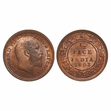 Edward VII, Copper, 1/2 Pice, 1903, Calcutta Mint, No mint mark. F. Prid 735. GK 1003. Unc