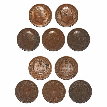Edward VII, Mix Metal, 1/2 Pice, (Lot of 5 coins), 1904, 1905, 1907, 1908, 1909, Calcutta