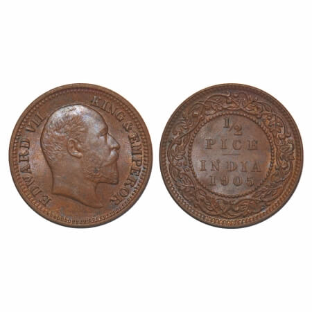 Edward VII, Copper, 1/2 Pice, 1905, Calcutta Mint, No mint mark. F. Prid 738. GK 1005. Min