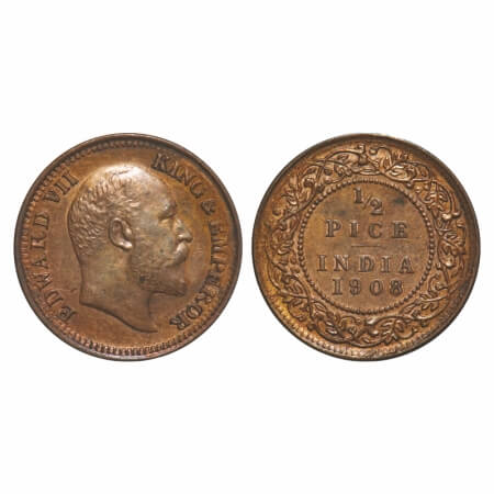 Edward VII, Bronze, 1/2 Pice, 1908, Calcutta mint, No mint mark. F. Prid 742. GK 1009. Alm