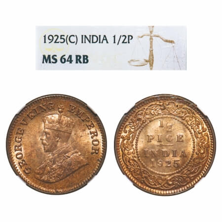George V, Bronze, 1/2 Pice, 1925, Calcutta Mint, No mint mark. F. Prid 758. GK 1211. NGC S