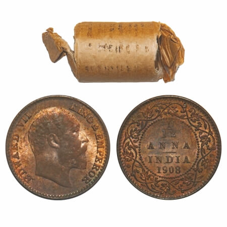 Edward VII, Bronze, 1/12 Anna, (Roll of 24 coins), 1908, Calcutta mint, No mint mark, Sing