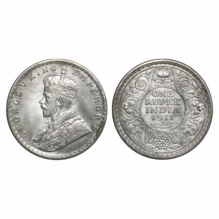 George V, Silver, Rupee, 1911, Calcutta Mint, No dot, Pig-Type. F. Prid 207. GK 1021. Extr