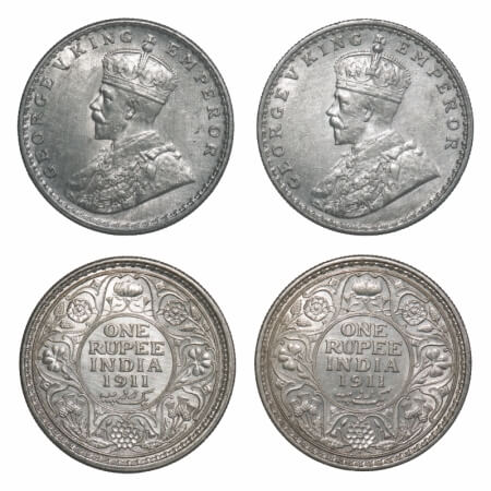 George V, Silver, Rupee, (2 coins), 1911, Pig-type, 1) Calcutta Mint, No dot, 2) Bombay Mi