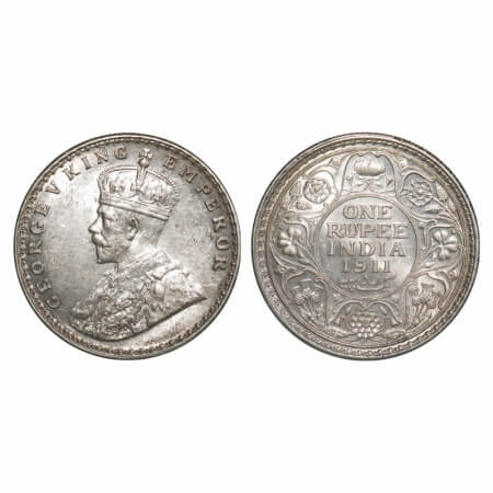 George V, Silver, Rupee, 1911, Bombay Mint, Dot, Pig-Type, Raised initials BM (Bertaram Ma