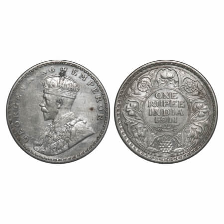 George V, Silver, Rupee, 1911, Bombay Mint, Dot, Pig-Type, Extra Metal on the cross at the