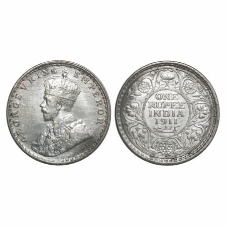 George V, Silver, Rupee, 1911, Bombay Mint, No dot, Pig-Type. F. Prid 217. GK 1022. Extrem