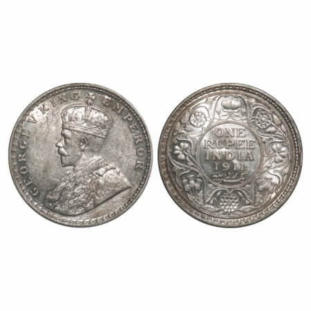George V, Silver, Rupee, 1911, Bombay Mint, Dot, Pig-Type, Raised initials 'BM' (Bertram M