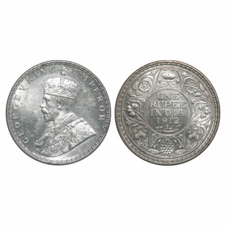George V, Silver, Rupee, 1912, Bombay Mint, Dot, Re-Drawn Elephant with long tusk. F. Prid
