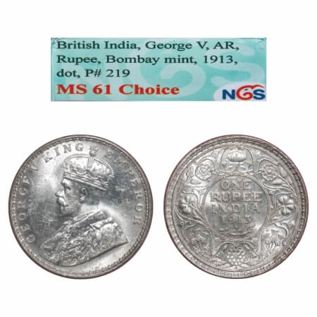 George V, Silver, Rupee, 1913, Bombay Mint, Dot. F. Prid. 219. GK 1028. NGS Slabbed MS 61