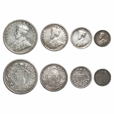 George V, Silver, 1913 (4 coins), 1) Rupee, Bombay Mint, Dot, 2) Half Rupee, Calcutta Mint