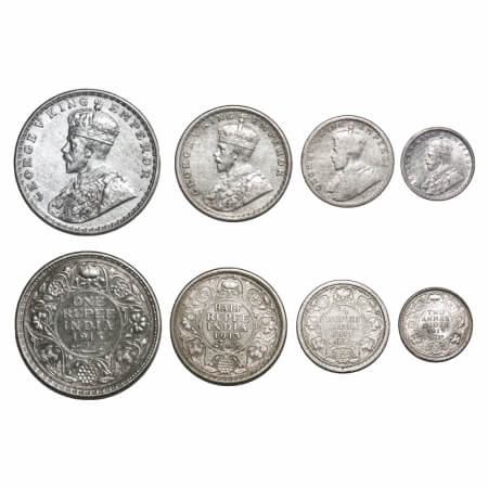 George V, Silver, Rupee, Half Rupee, 1/4 Rupee, 2 Annas, 1913 (4 coins), Bombay Mint, Dot.