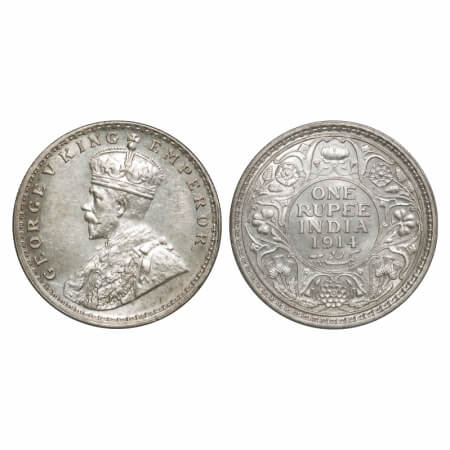 George V, Silver, Rupee, 1914, Calcutta Mint, No dot. F. Prid 210. GK 1029. About Uncircul