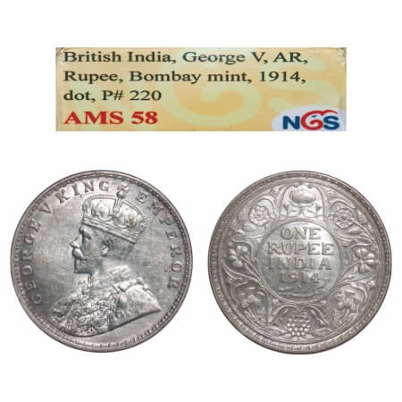 George V, Silver, Rupee, 1914, Bombay Mint, Dot. F. Prid. 220. GK 1030. NGS Slabbed AMS 58