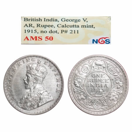 George V, Silver, Rupee, 1915, Calcutta Mint, No dot. F. Prid. 211. GK 1031. NGS Slabbed A