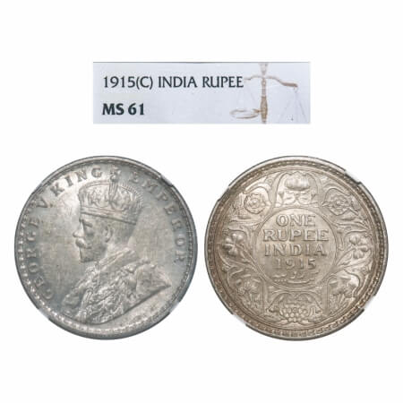 George V, Silver, Rupee, 1915, Calcutta Mint, No dot. F. Prid 211. GK 1031. NGC Slabbed MS