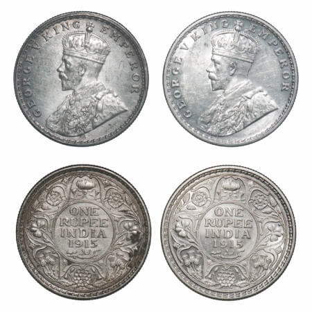 George V, Silver, Rupee, (2 coins), 1915, 1) Calcutta Mint, No dot, 2) Bombay Mint, Dot. F