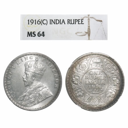 George V, Silver, Rupee, 1916, Calcutta Mint, No dot. F. Prid 212. GK 1033. NGC Slabbed MS