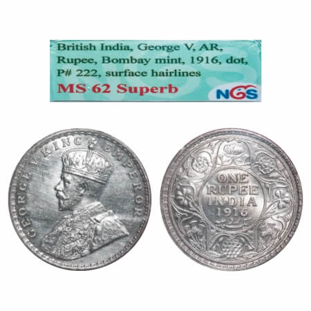 George V, Silver, Rupee, 1916, Bombay Mint, Dot. F. Prid. 222. GK 1034. NGS Slabbed MS 62 