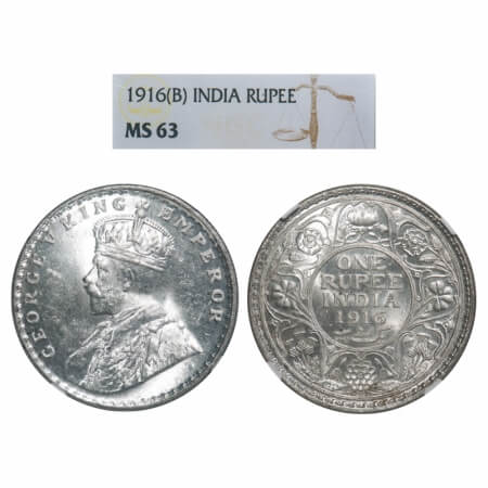 George V, Silver, Rupee, 1916, Bombay Mint, Dot. F. Prid. 222. GK 1034. NGC Slabbed MS 63.